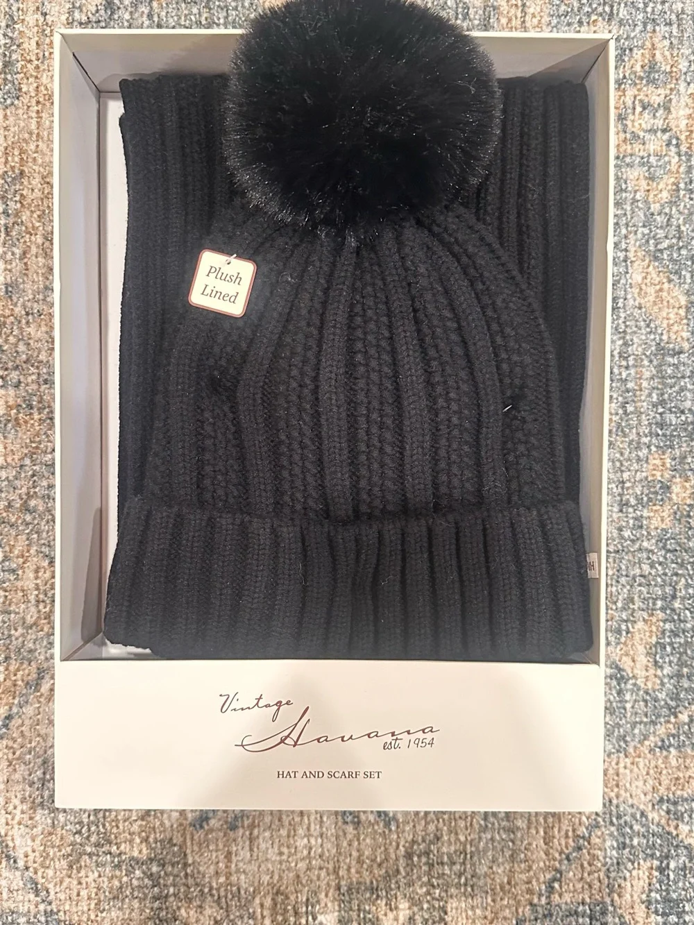 Vintage Havana Black Ribbed Knit Hat & Scarf Set with Faux Fur Pom